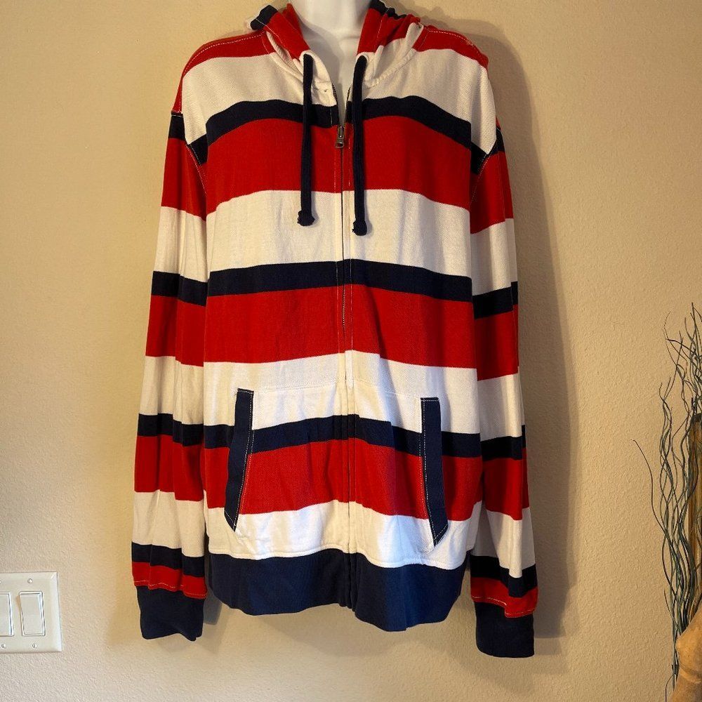 Hoodie Zip Up Striped American Living Red White Blue Lightweight XL